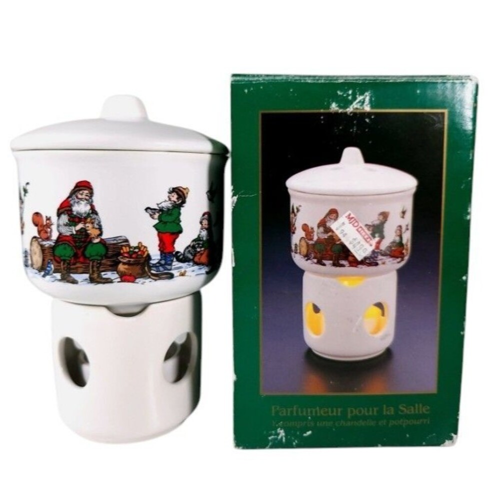 Vtg Potpourri Press Christmas Ceramic Room Scenter Santa Elves Simmer Pot Box